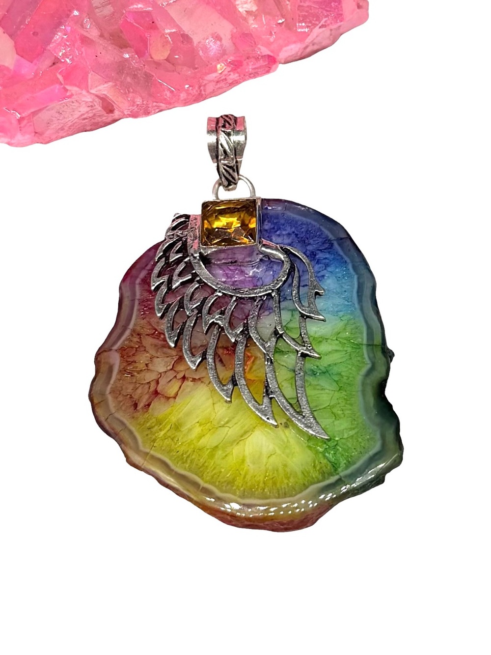 Rainbow Solar Quartz Citrine Necklace Pendant 925 Sterling Silver Overlay